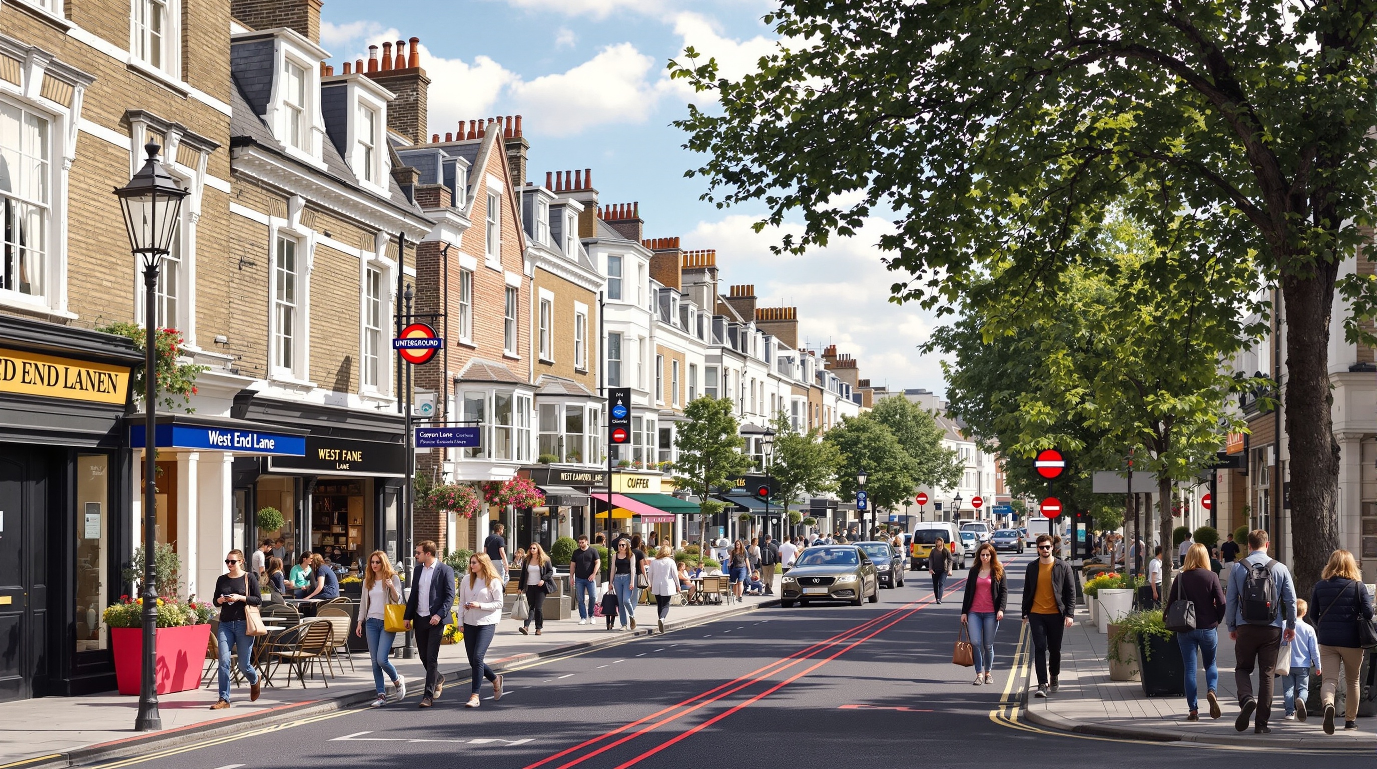 Vibrant West Hampstead showing bustling West End Lane with cafes, shops and excellent transport links